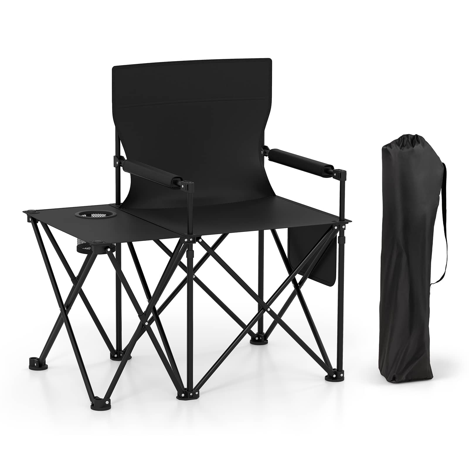 Gymax - Oversized Camping Chair w/Side Table 2 Storage Pockets Cup Holder for Fishing - Black