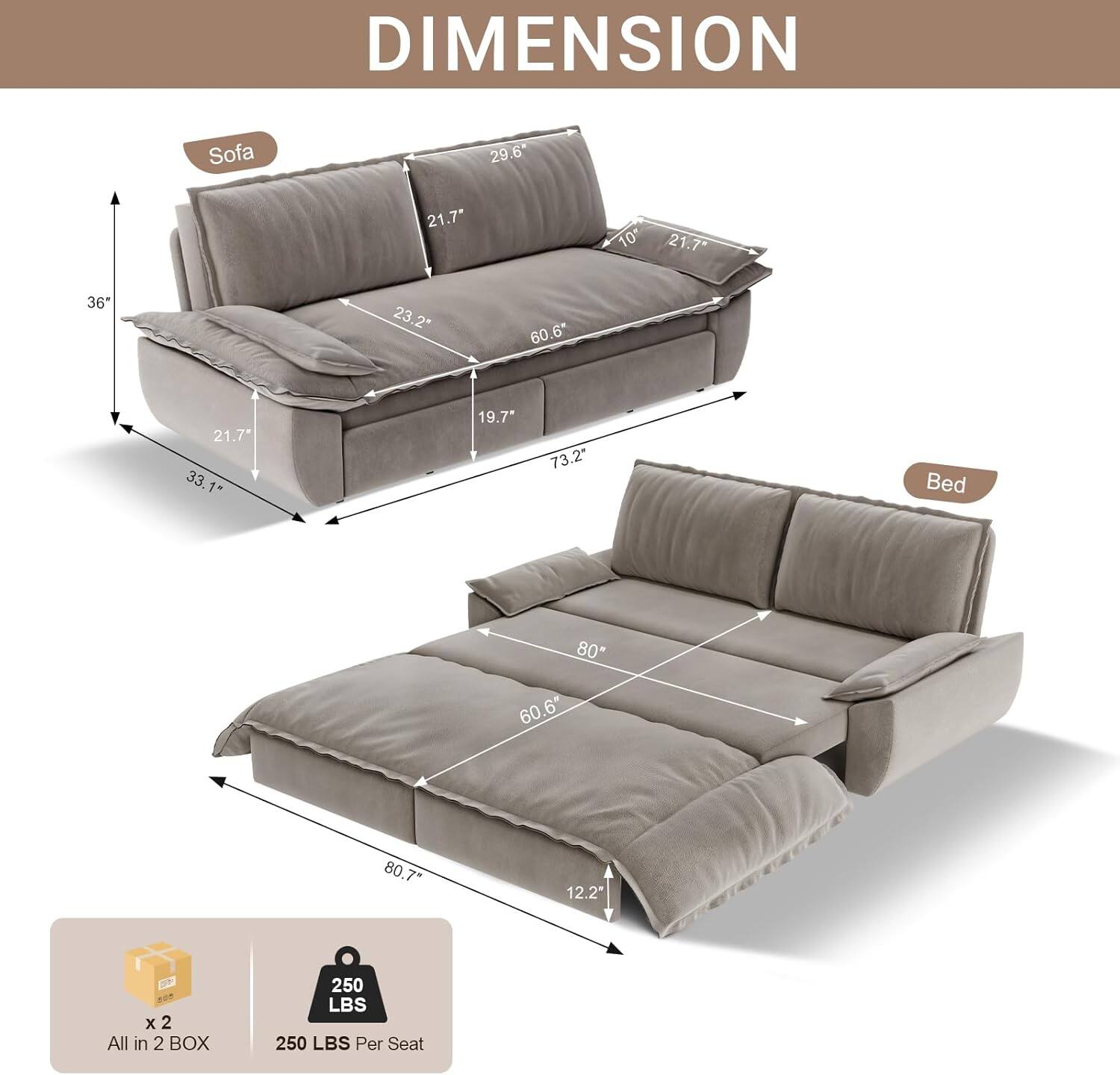 DIMENSION  
Sofa: 29.6" x 21.7" x 36" x 21.7" x 60.6" x 21.7" x 33.1" x 19.7" x 73.2"  
Bed: 80" x 60.6" x 80.7" x 12.2"  
All in 2 BOX  
250 LBS Per Seat