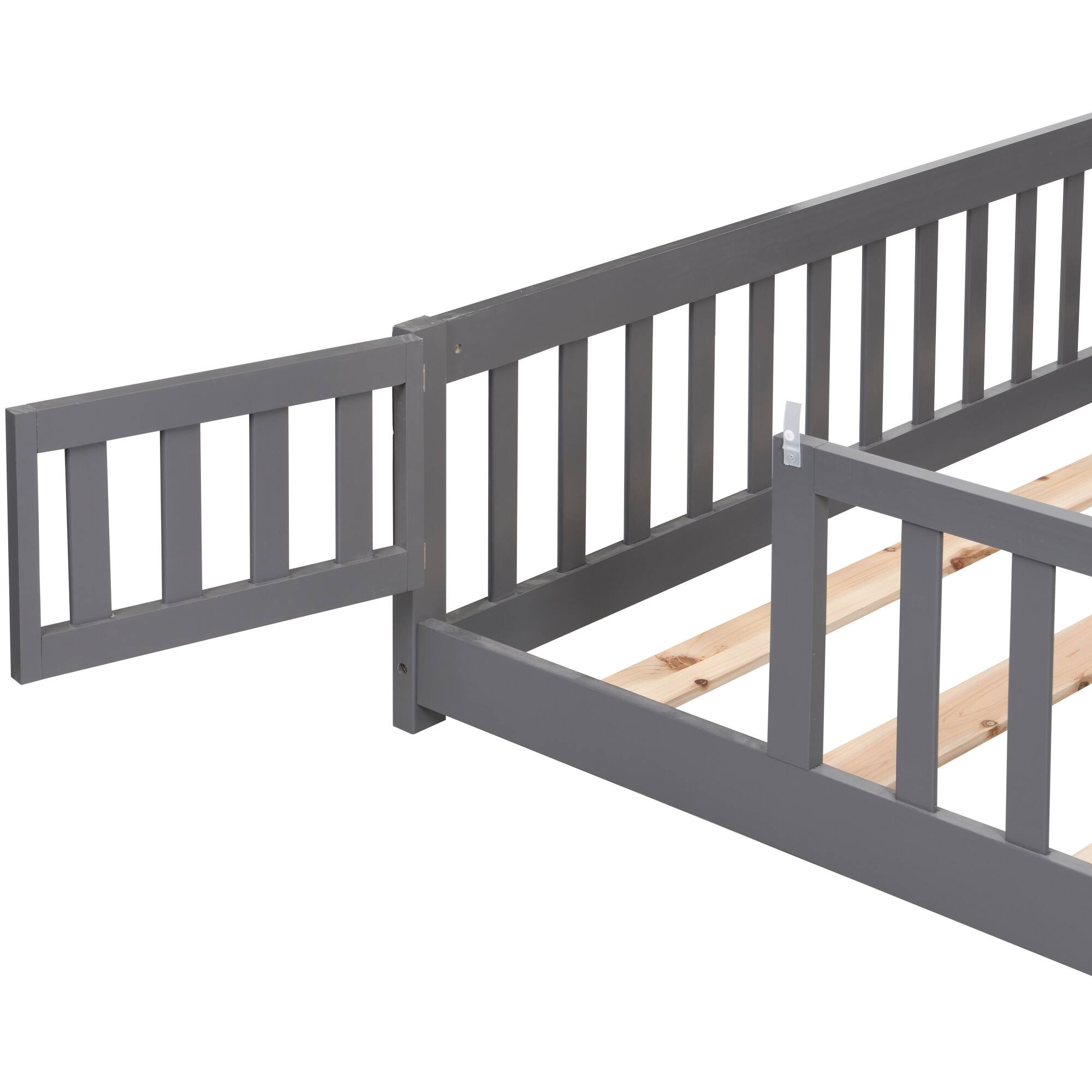 Alt View 2. GOODSILO - Twin Size Solid Wood Platform Floor Bed with Safety Guardrails and Door for Children's Room - Gray.
