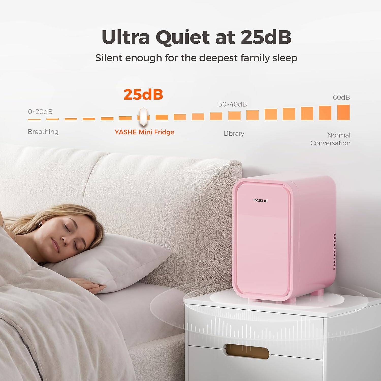 Ultra Quiet at 25dB  
Silent enough for the deepest family sleep

0~20dB  
Breathing

25dB  
YASHE Mini Fridge

30~40dB  
Library

60dB  
Normal Conversation