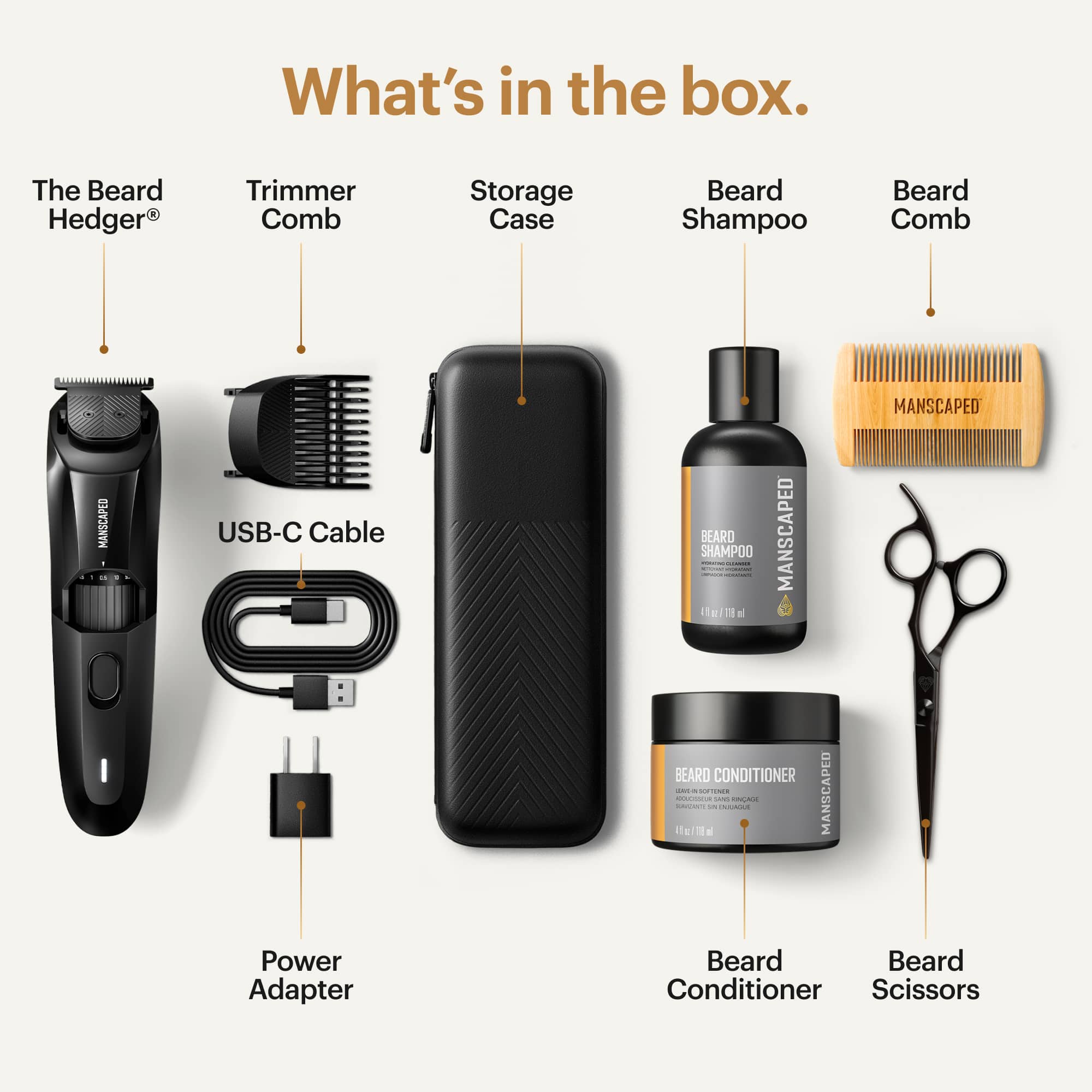 What's in the box:
1. Beard Hedger Trimmer
2. Comb
3. Storage Case
4. Beard Shampoo
5. Beard Comb
6. USB-C Cable
7. Beard Conditioner
8. Beard Comb
9. Power Adapter
10. Scissors