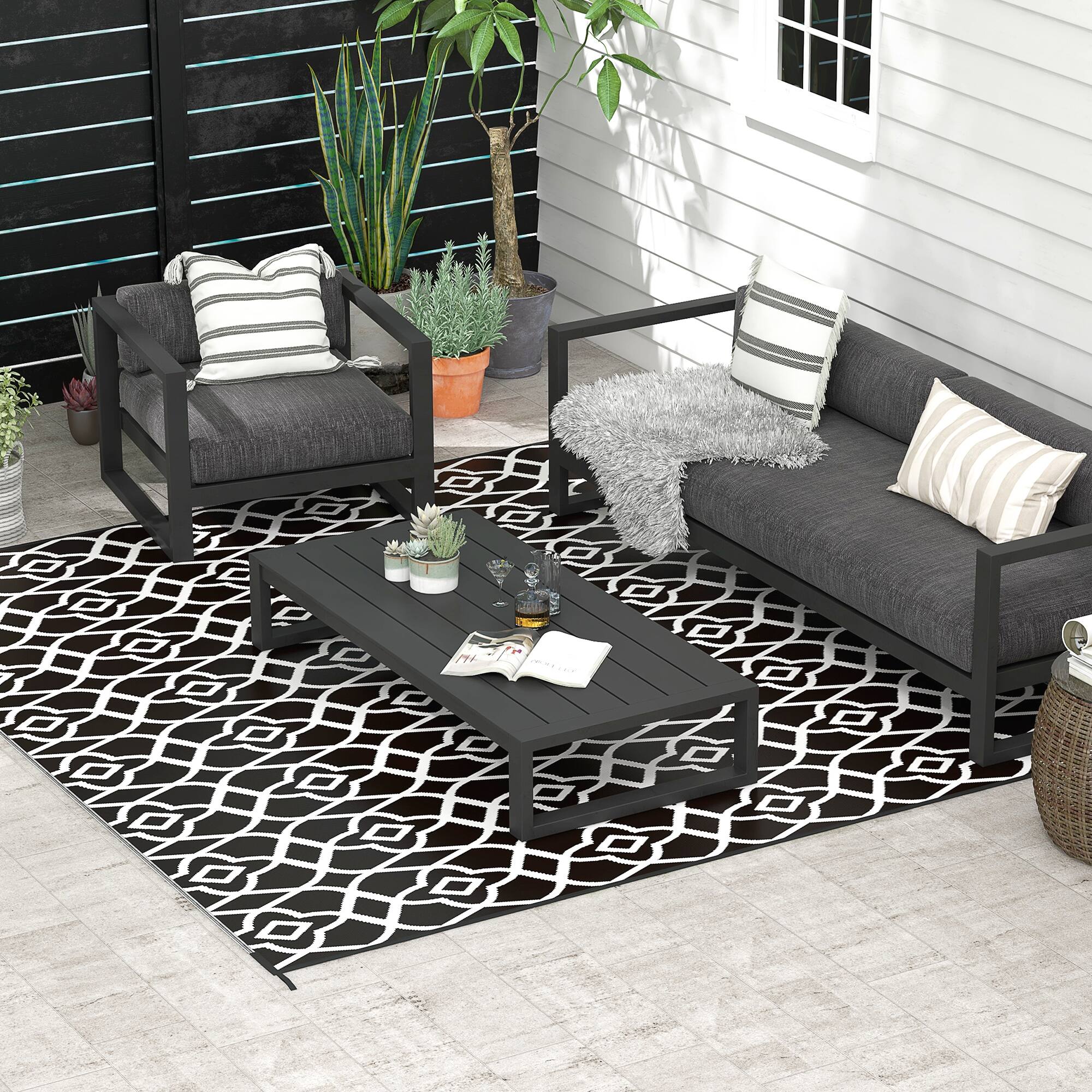 Alt View 1. Outsunny - Outdoor Rug for Patio, 8' x 10' Waterproof Large Mat, Reversible Plastic Straw Rug for Décor - Black and White Clover.