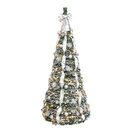 BreeBe - 6FT Flocked Pop-Up Christmas Tree with 150 Warm White UL Lights Pre-Decorated with Ornaments - Green,White