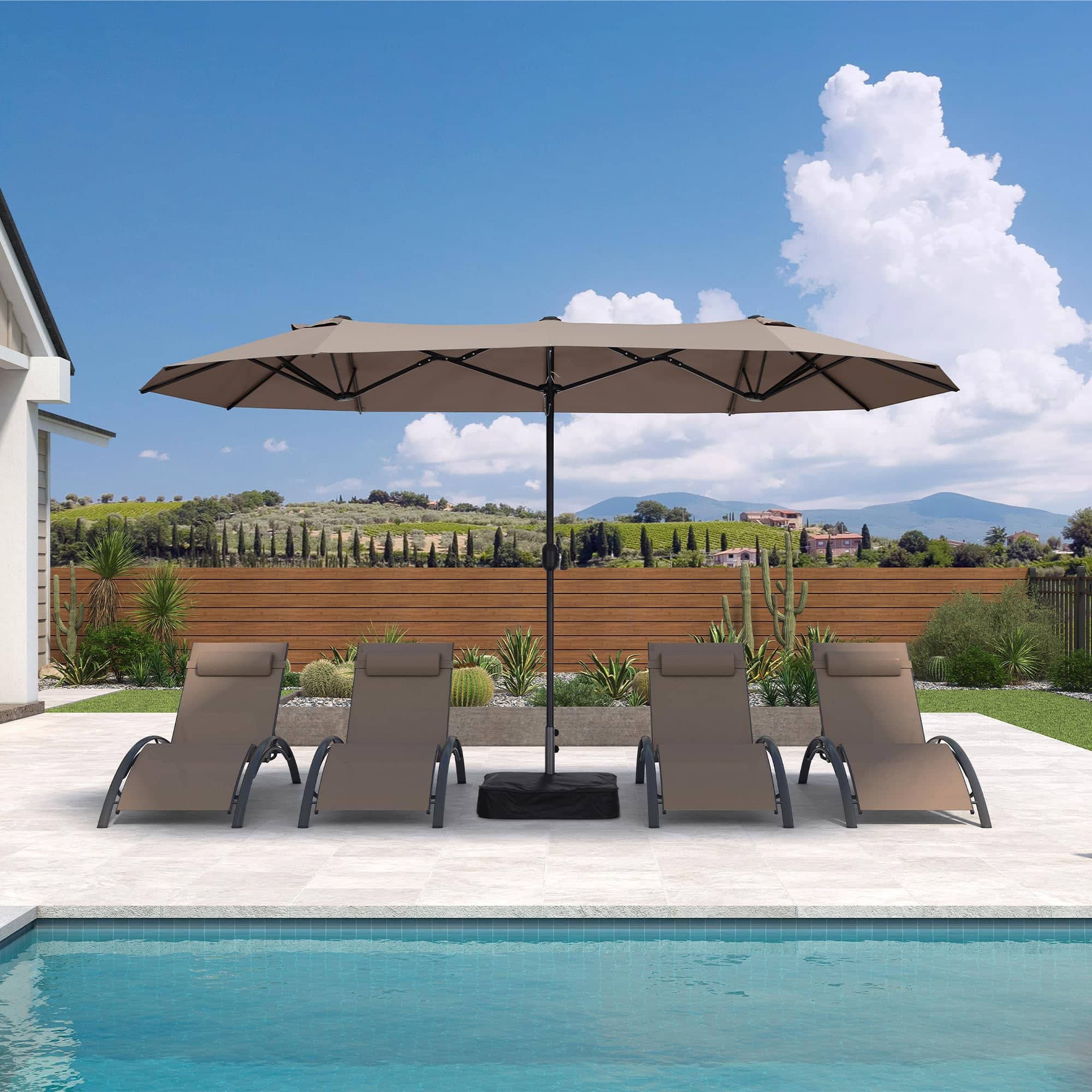 Front. PURPLE LEAF - 13 ft. Patio Market Umbrella with Base Double-Sided Outdoor Table Sun Umbrellas with Crank for Pool Beach Deck Backyard - Taupe.