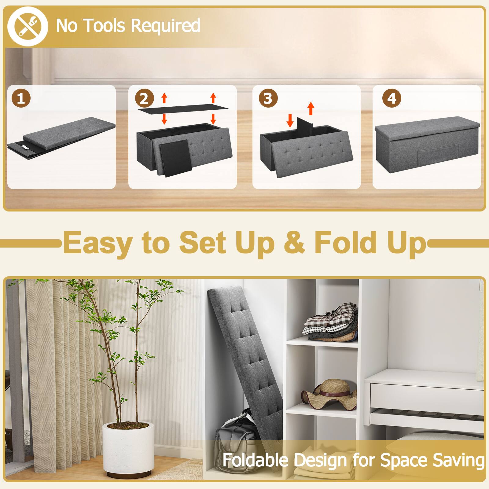 No Tools Required

1. Easy to Set Up & Fold Up

2. Foldable Design for Space Saving