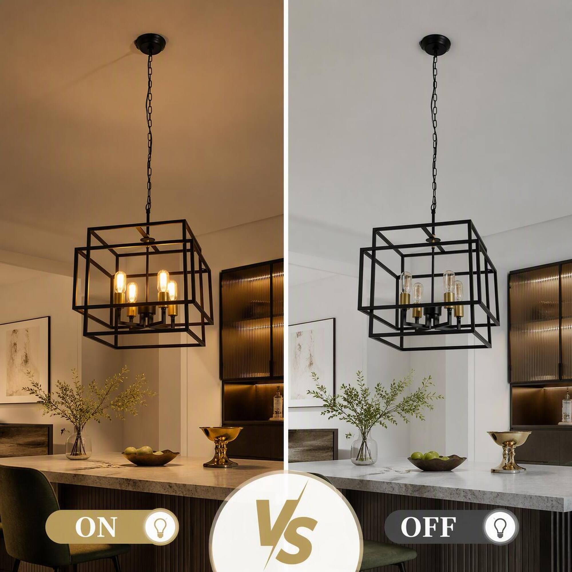 Alt View 2. RYHNUYNE - Square 4-Light Chandelier with Black and Gold Accents, Adjustable Chain for Sloped or Flat Ceilings, Ideal.