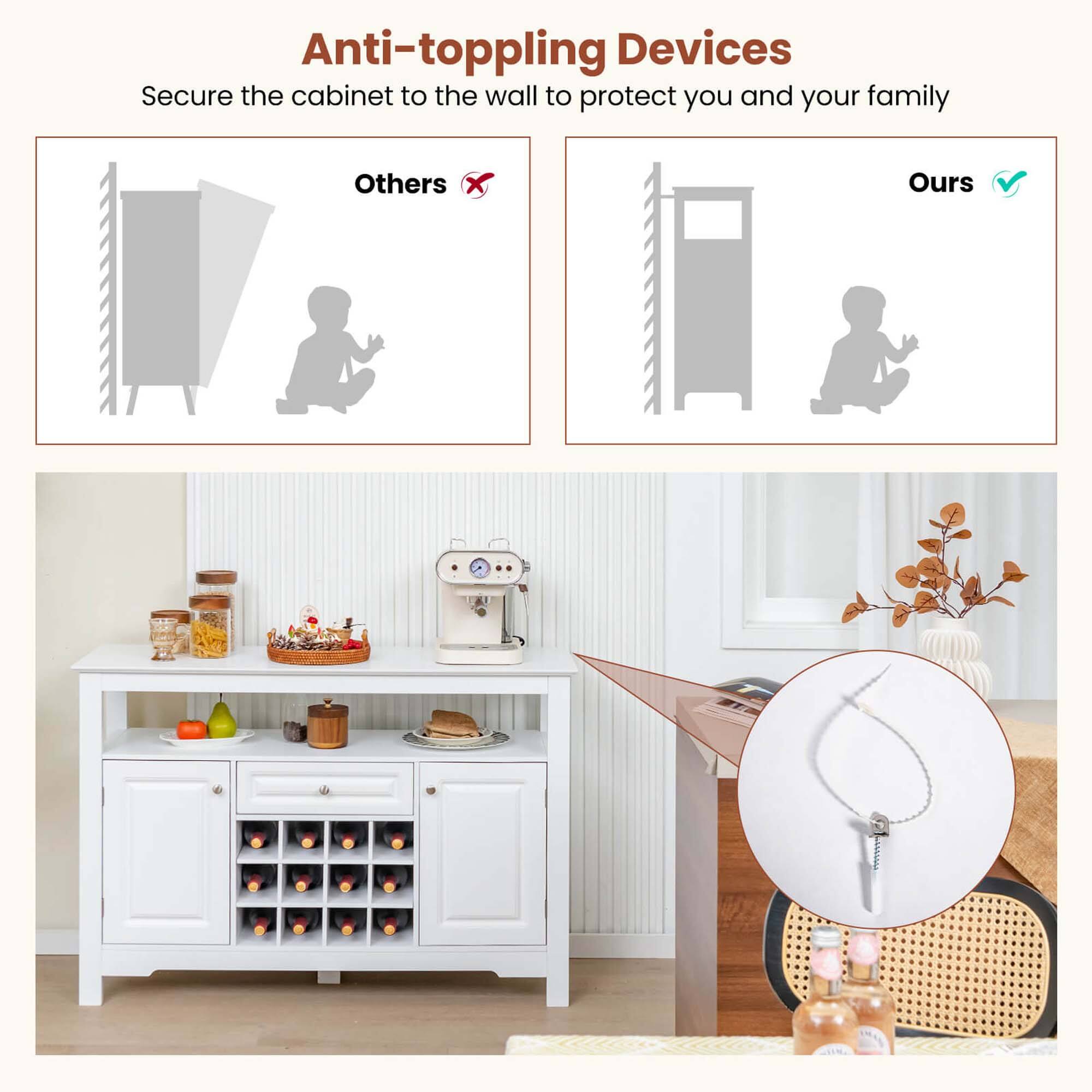 Anti-toppling Devices  
Secure the cabinet to the wall to protect you and your family  

Others ❌  
Ours ✅