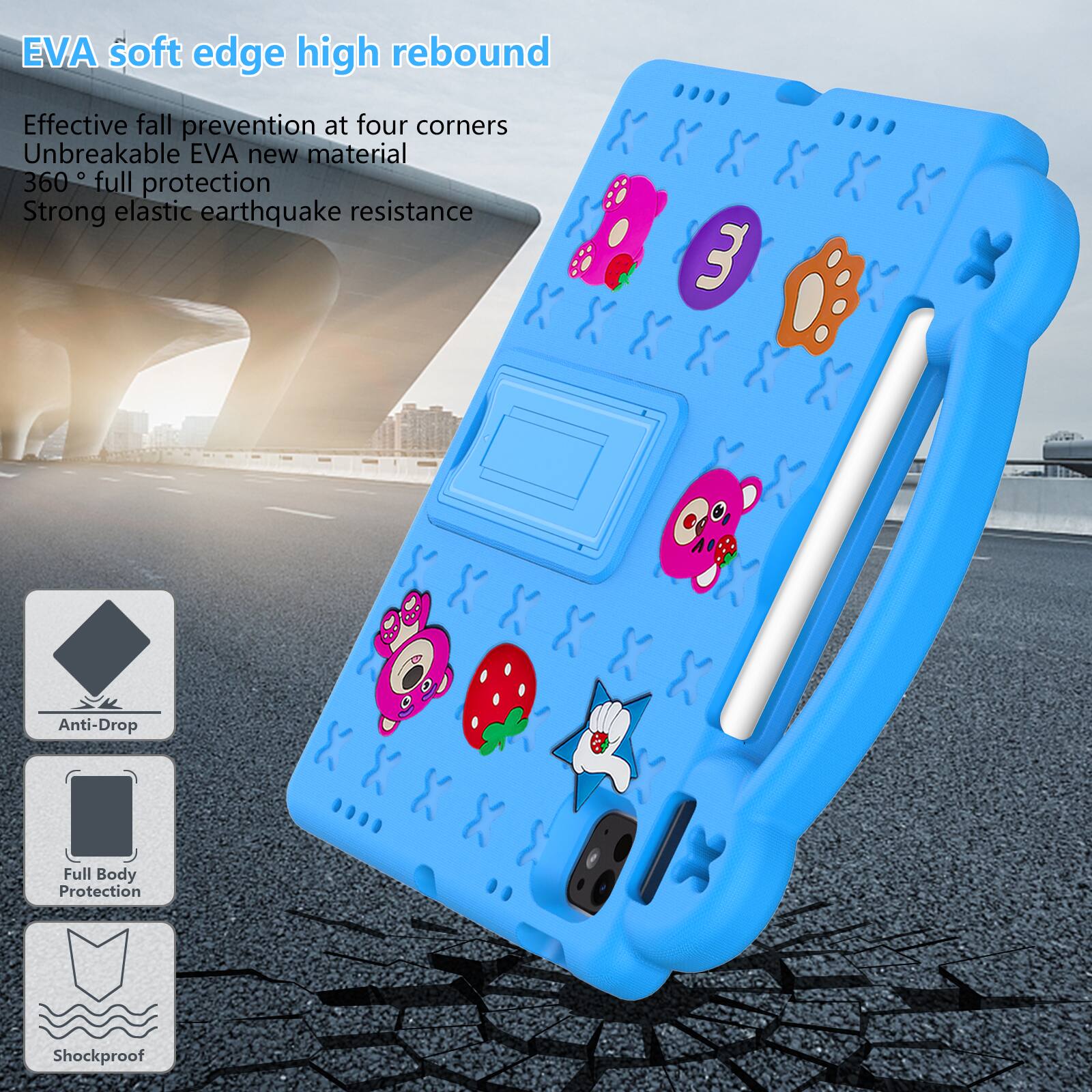 EVA soft edge high rebound  
Effective fall prevention at four corners  
Unbreakable EVA new material  
360° full protection  
Strong elastic earthquake resistance  
3 Anti-Drop Full Body Protection Shockproof