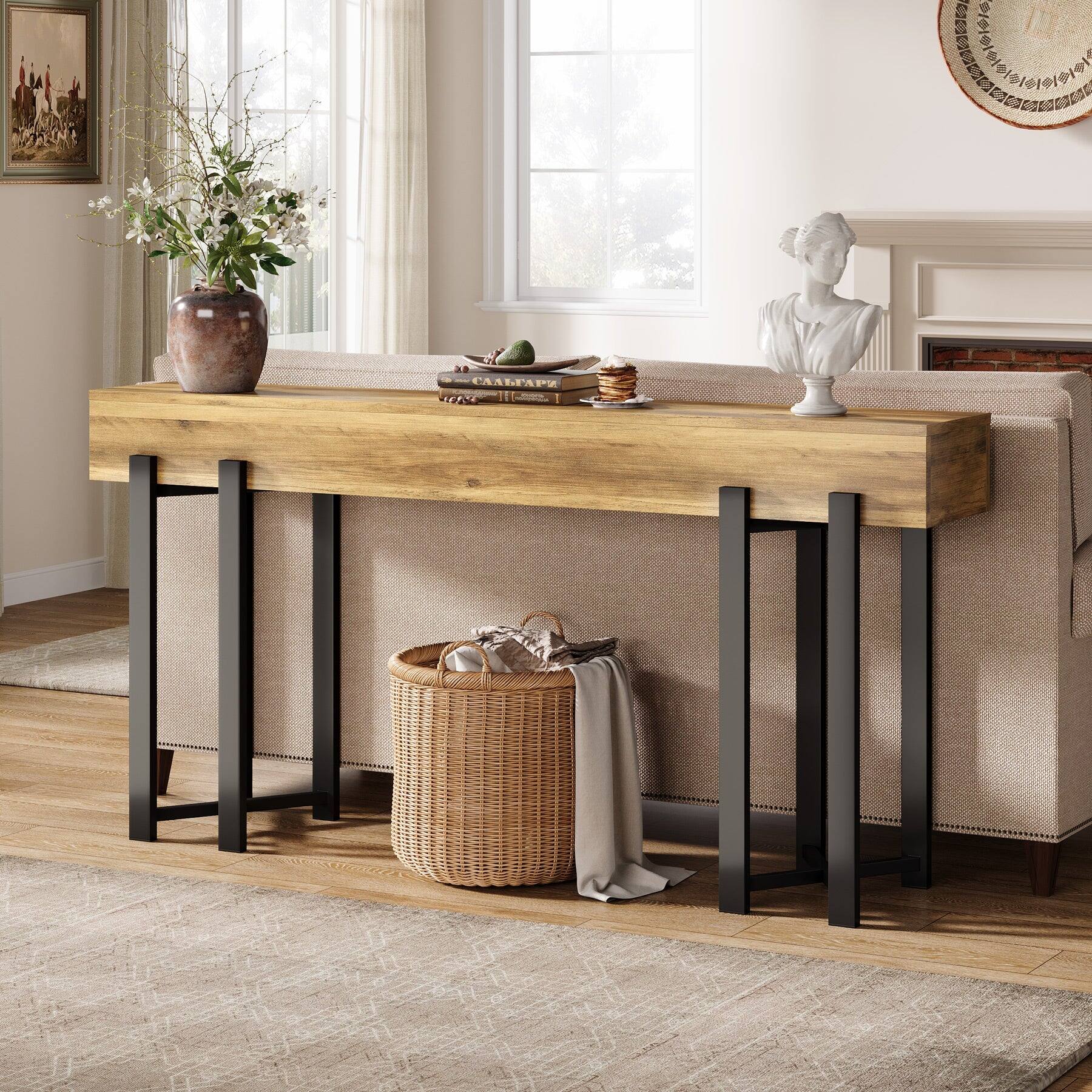 Angle. Tribesigns - Console Table with Engineered Wood Construction, Storage Shelves and Rectangular Top for Entryway - Light Brown.