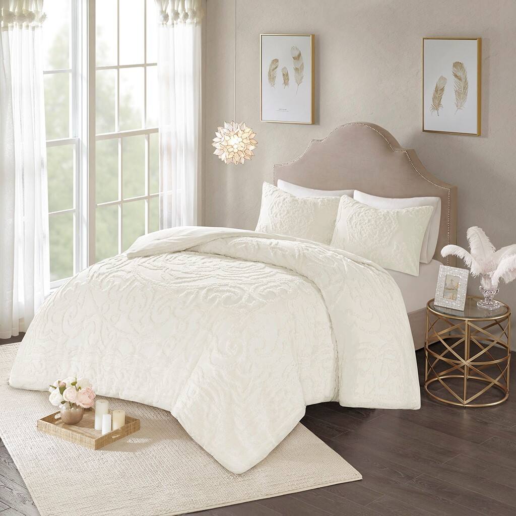 Alt View 1. Gracie Mills - Gracie Mills Ray 3-Piece Boho Chic Tufted Cotton Chenille Medallion Duvet Set - Off-White.