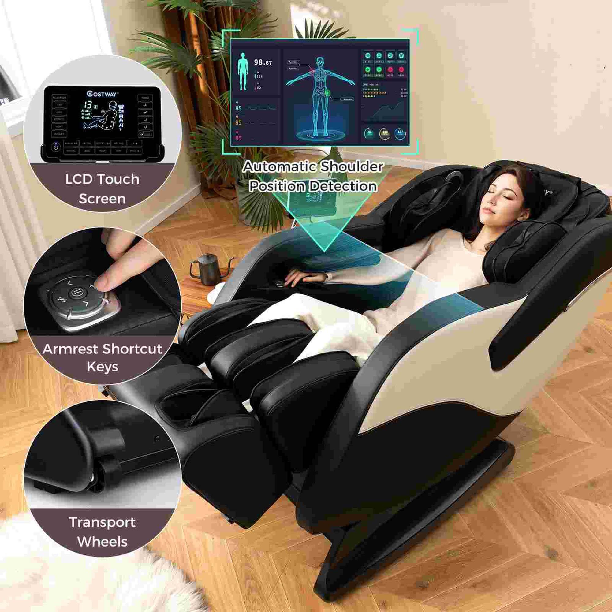 The text on the image is grouped and corrected as follows:

1. LCD Touch Screen: Automatic Shoulder Position Detection
2. Armrest Shortcut Keys
3. Transport Wheels