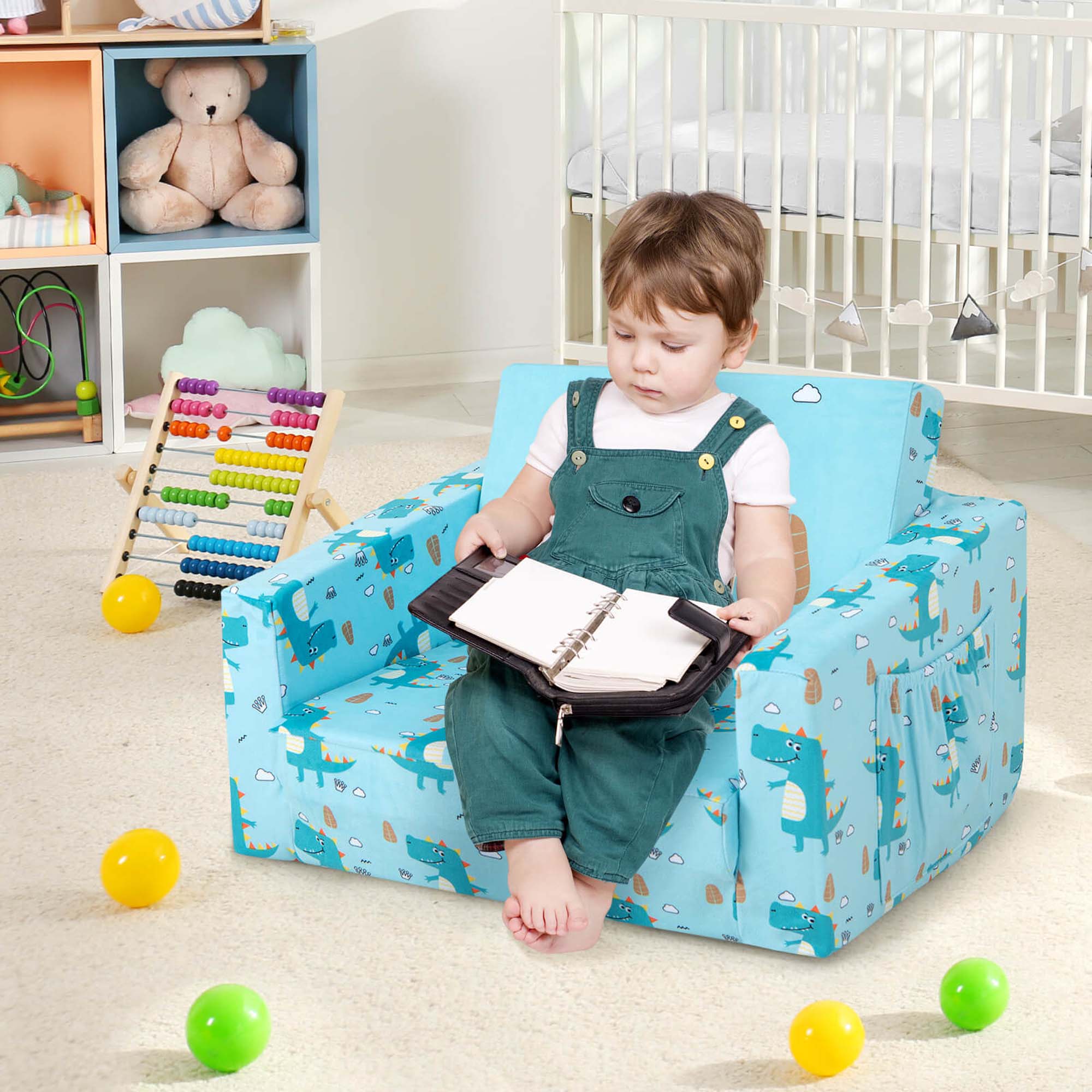 Alt View 1. Costway - Costway 2-in-1 Convertible Kids Sofa Children Flip-Out Lounger Couch Upholstered Sleeper - Green.
