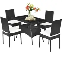 Costway 5PCS Patio Rattan Dining Set Cushioned Chair Table w/Glass Top Garden Furniture - Black,White - Front_Zoom