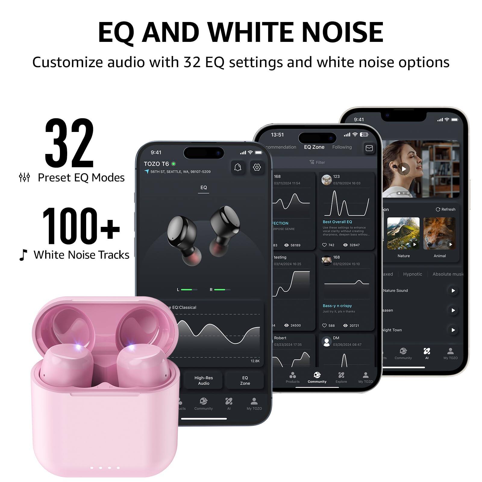 EQ AND WHITE NOISE
Customize audio with 32 EQ settings and white noise options

32 Preset EQ Modes
100+ White Noise Tracks

TOZO T6
9:41
16TH ST, SEATTLE, WA, 98107-4200

EQ Zone
Following
Filter

168
123
03/12/2024 15:54
03/12/2024 16:09

FECTION
Best Overal EQ

Bass-y & crispy

Nature
Animal
Hypnotic
Absolute music
Nature Sound
EQ Classical

Sass
Basen
LA 24300
Sae
P Sght
Sown
Robert
03/03/2024 17:35
OM
03/06/2024
12.8K

Community
My TOZO
High-Res Audio

Community
Explore
My TOZO
Community
Al
My TOZO