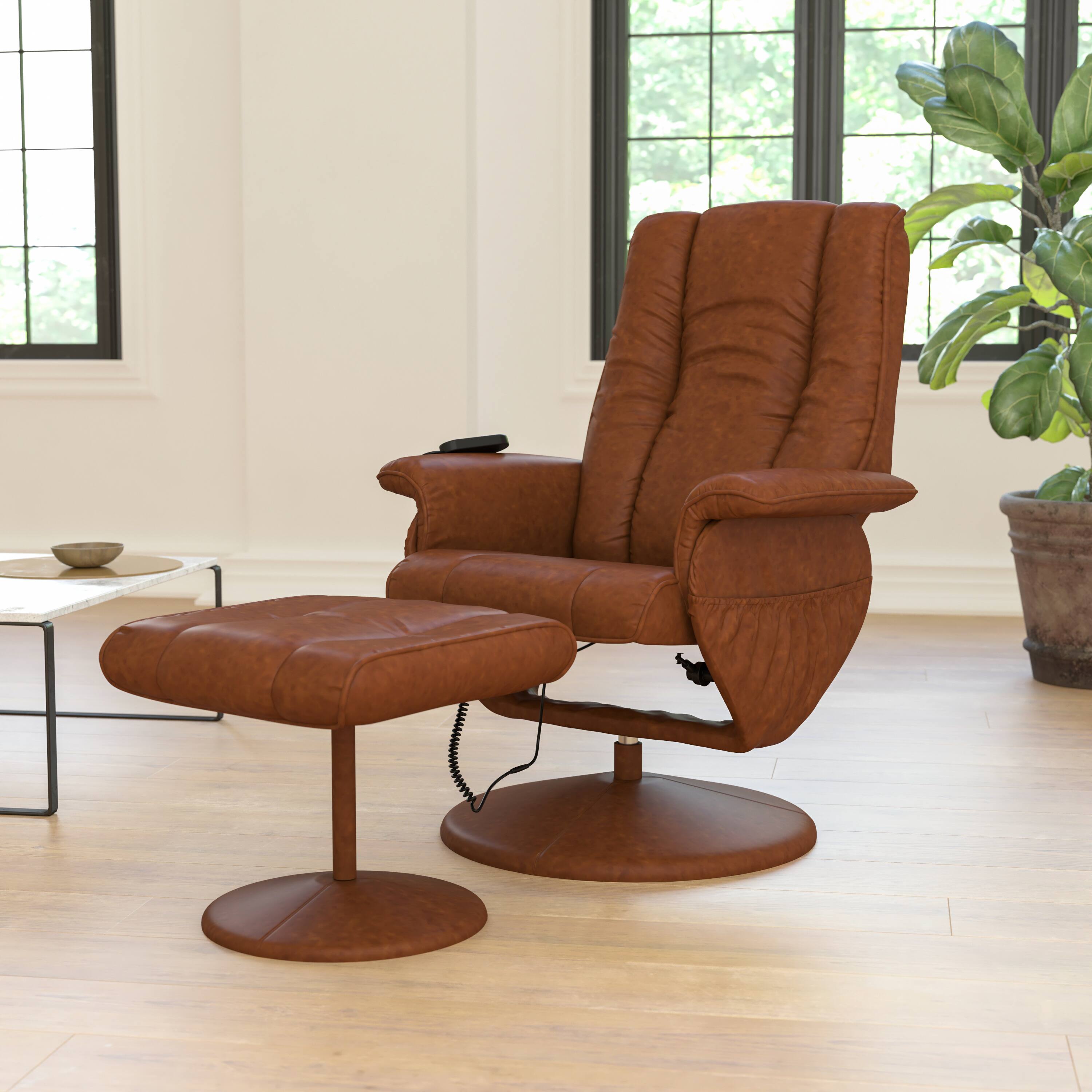 Alt View 1. Flash Furniture - Hall Massaging Heat Controlled Adjustable Recliner and Ottoman with Wrapped Base in Brown LeatherSoft - Brown.