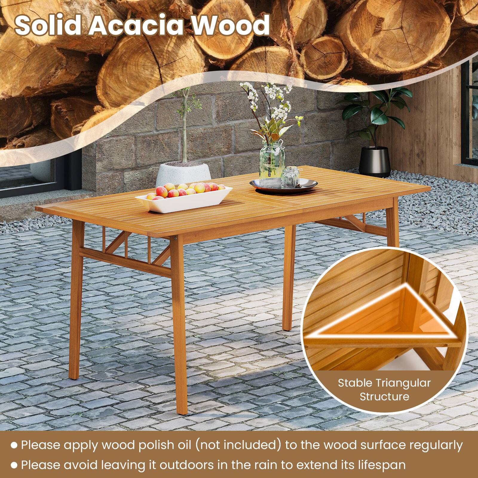 Solid Acacia Wood

- Please apply wood polish oil (not included) to the wood surface regularly
- Please avoid leaving it outdoors in the rain to extend its lifespan

Stable Triangular Structure