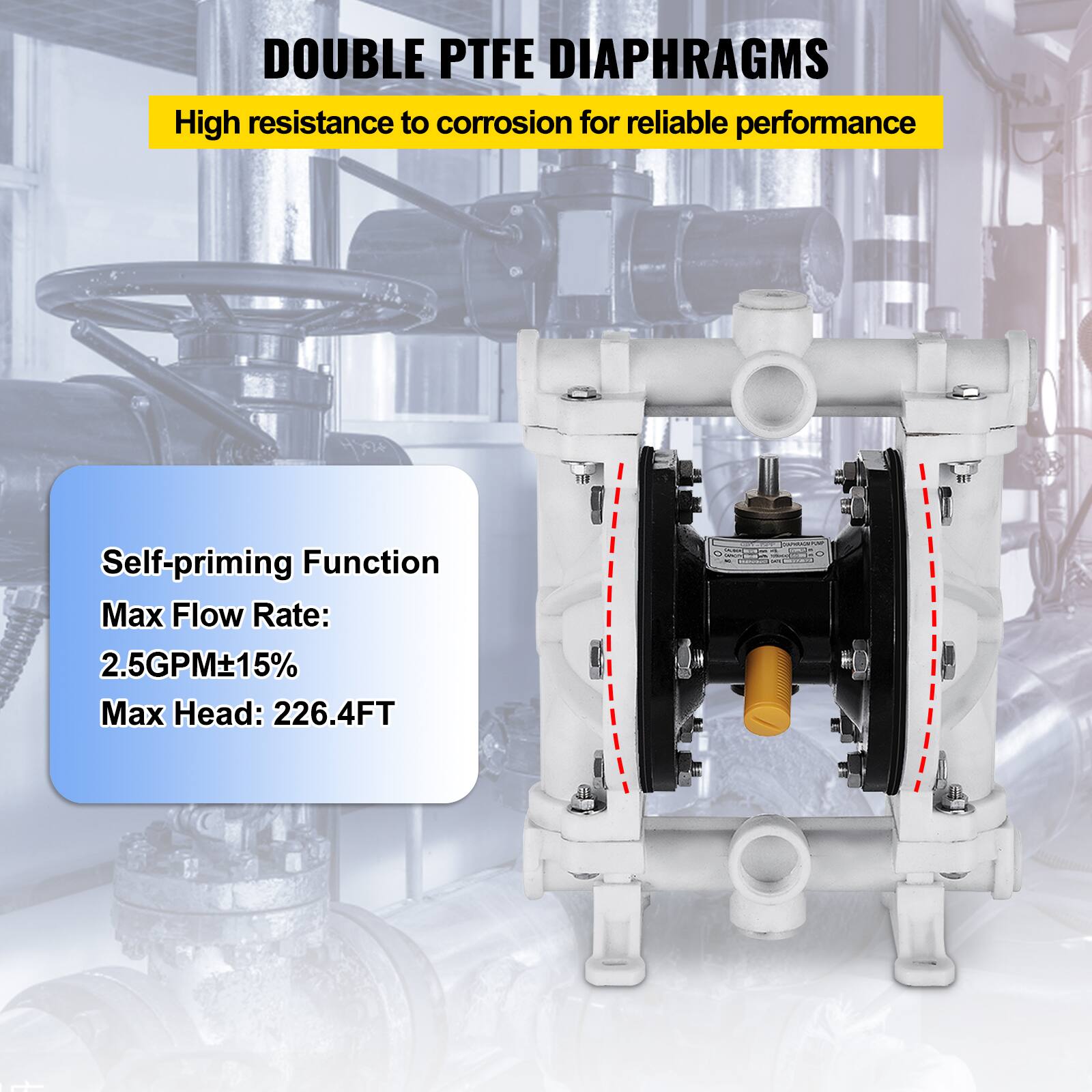 DOUBLE PTFE DIAPHRAGMS  
High resistance to corrosion for reliable performance  
Self-priming Function  
Max Flow Rate: 2.5GPM±15%  
Max Head: 226.4FT