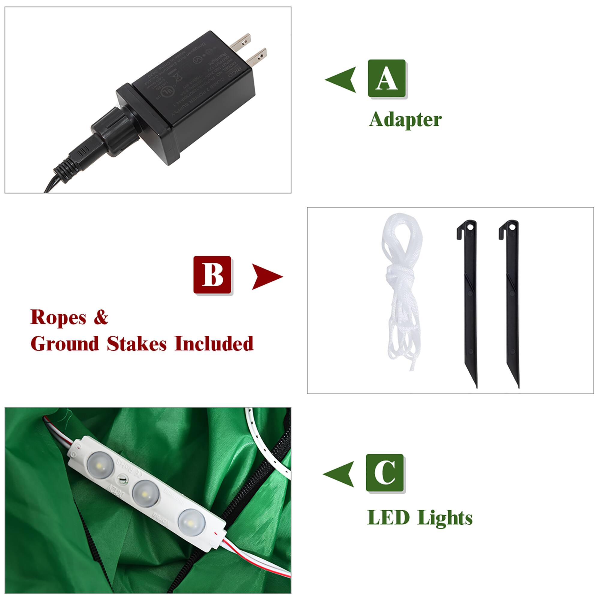 The text on the image is grouped and corrected as follows:

1. B: Ropes & Ground Stakes Included
2. C: LED Lights