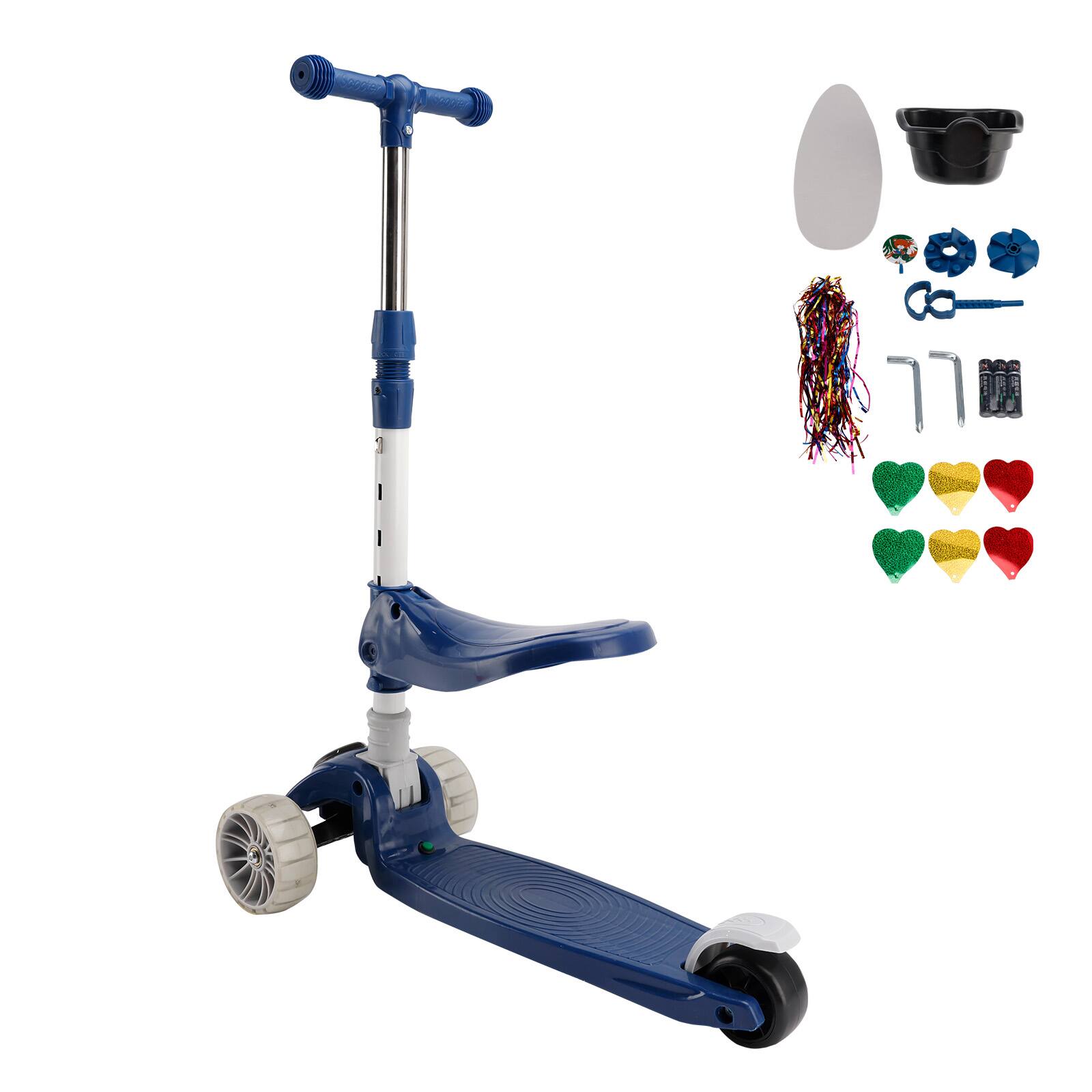 Angle. Topteng - 2-in-1 Foldable Kids Scooter with Seat & LED Lights - 3-Wheel, Adjustable Bar, Lean-to-Steer, Blue - Blue.