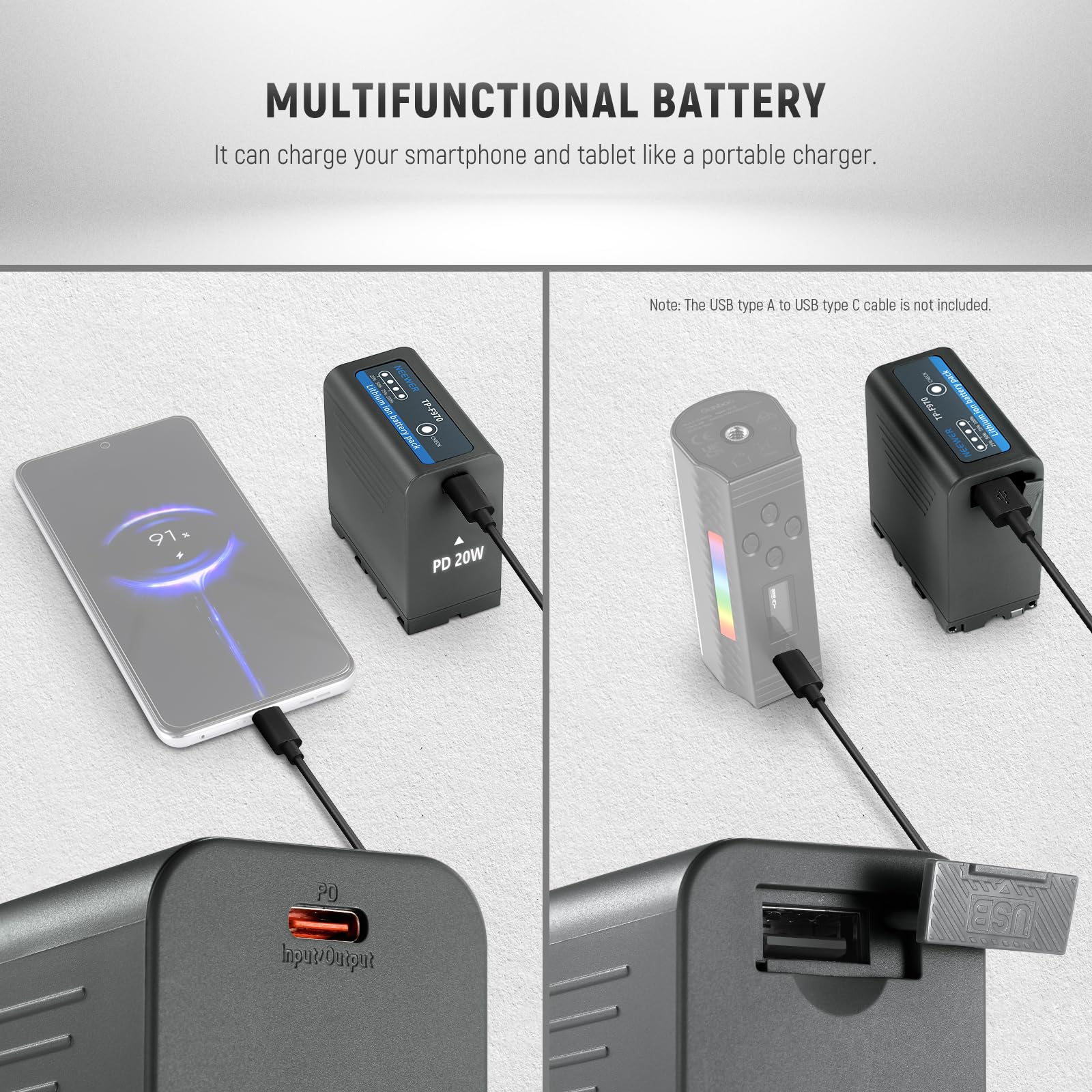 MULTIFUNCTIONAL BATTERY  
It can charge your smartphone and tablet like a portable charger.  

Note: The USB type A to USB type C cable is not included.