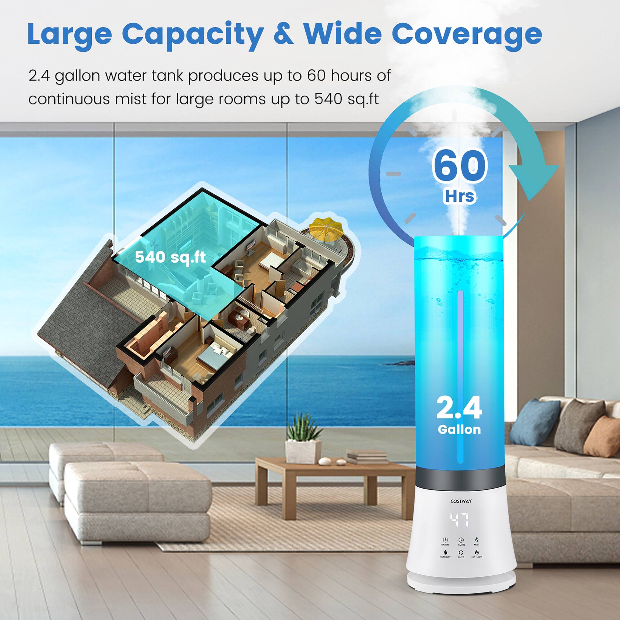 Large Capacity & Wide Coverage: 2.4 gallon water tank produces up to 60 hours of continuous mist for large rooms up to 540 sq.ft.