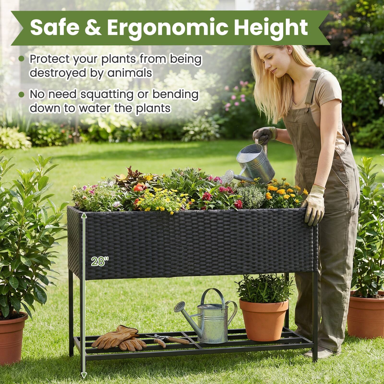 Safe & Ergonomic Height

- Protect your plants from being destroyed by animals
- No need squatting or bending down to water the plants

28"