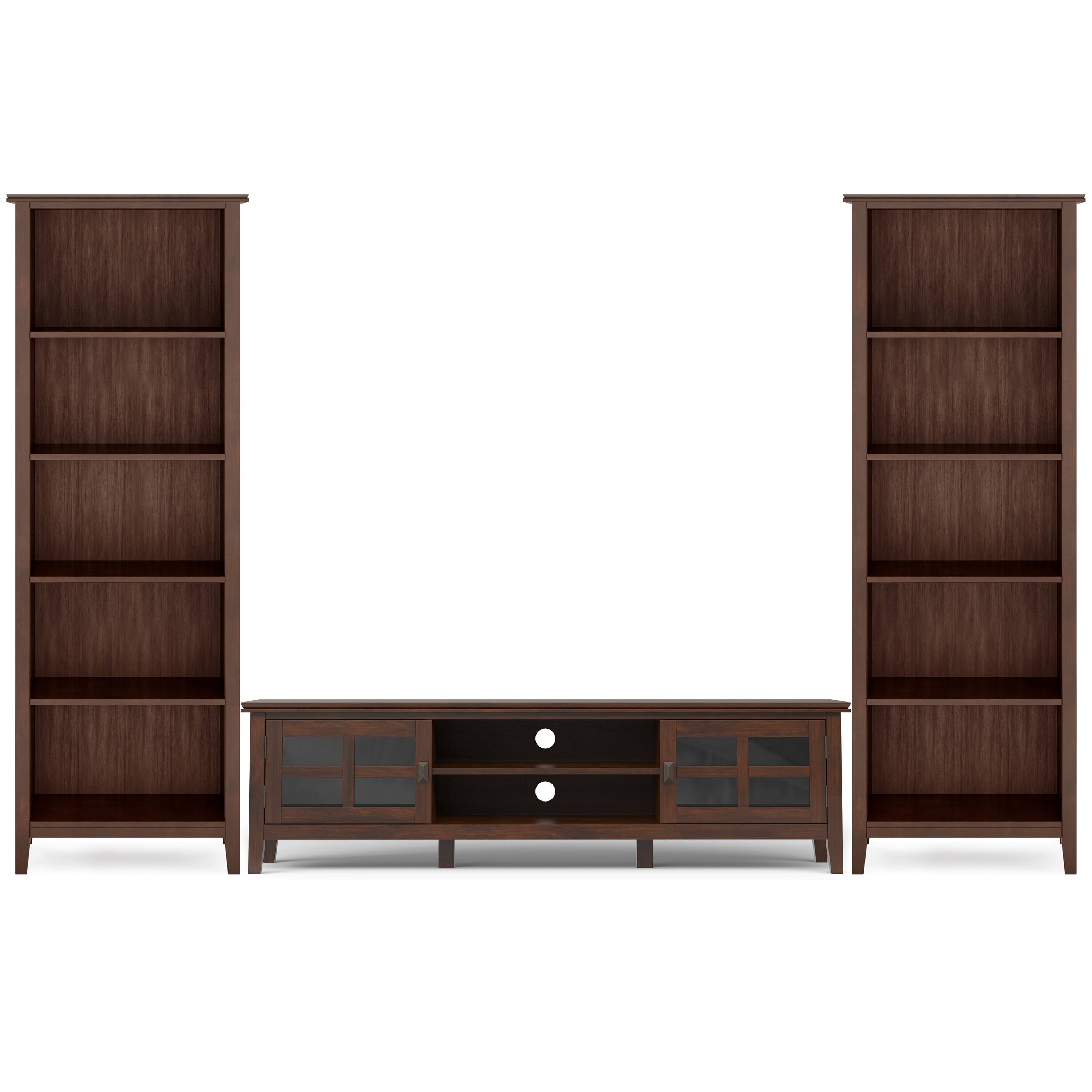 Front. Simpli Home - Artisan 72 inch Low TV Stand with 26 inch 5 Shelf Bookcases (Set of 3) - Russet Brown.