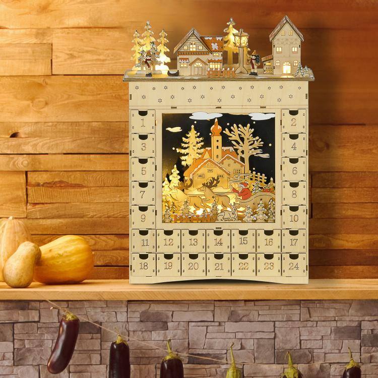 Alt View 2. PULUZ - Christmas Advent Calendar, Wooden Countdown to Christmas Table Decoration with 24 Drawers, Lights, Battery Operated - Natural Wood.