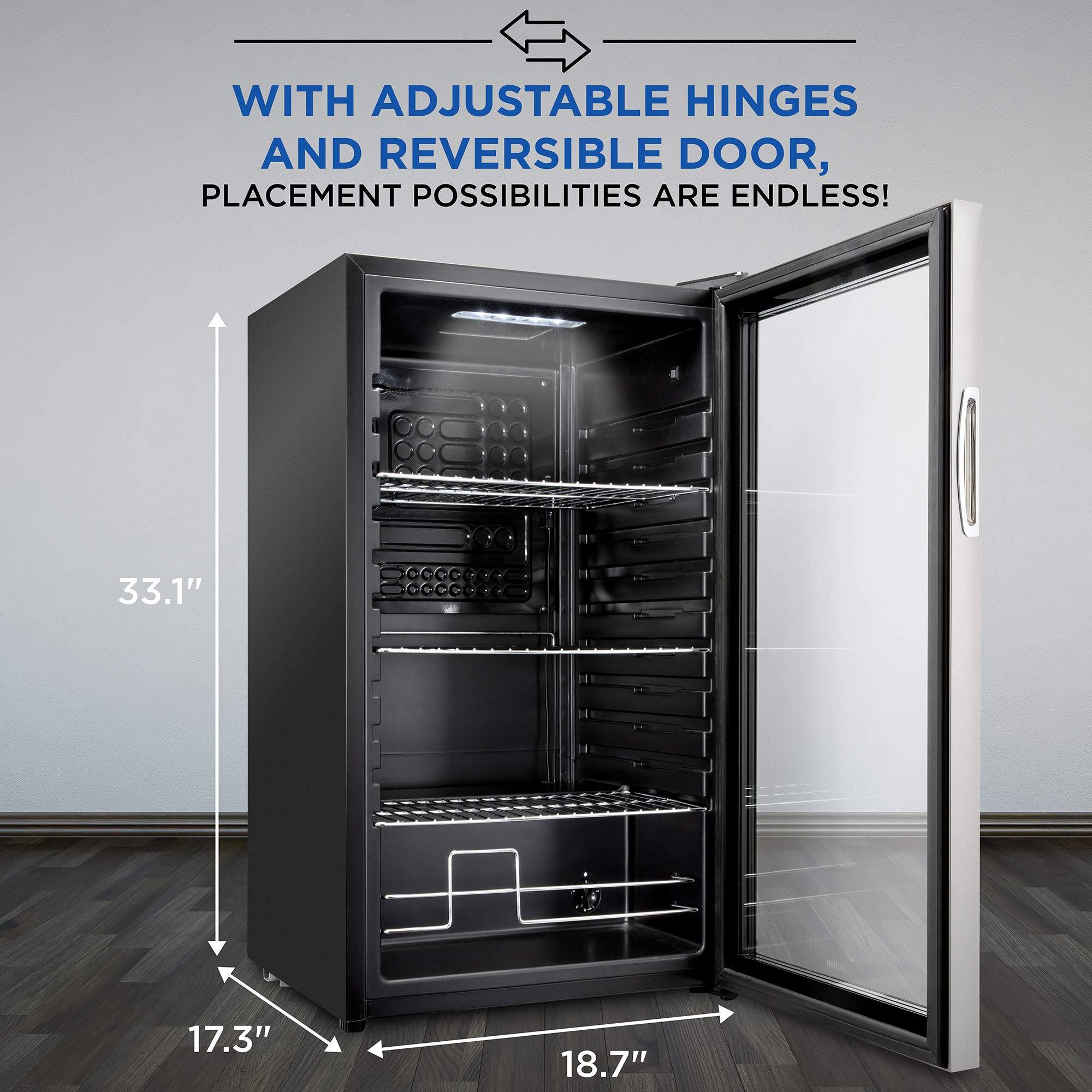 WITH ADJUSTABLE HINGES AND REVERSIBLE DOOR, PLACEMENT POSSIBILITIES ARE ENDLESS!

33.1"  
17.3"  
18.7"