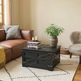 Kadyn - Farmhouse Coffee Table,Square Center Table with Flip-top Lids, Hidden Storage Compartment,Solid Particleboard - Black