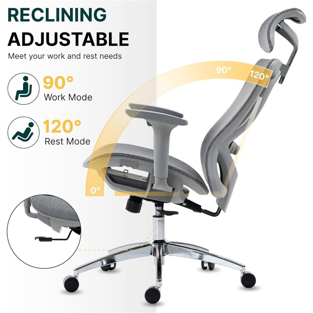 RECLINING ADJUSTABLE  
Meet your work and rest needs  

90°  
Work Mode  

120°  
Rest Mode  

0°