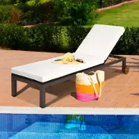 Costway Patio Rattan Lounge Chair Chaise Recliner Back Adjustable Cushioned W/Wheels - white - Front_Zoom