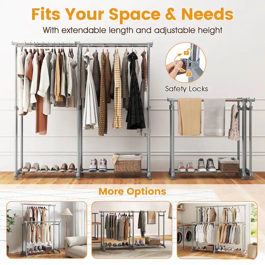 Costway Double Rod Clothes Rack with Extendable Height & Width for ...