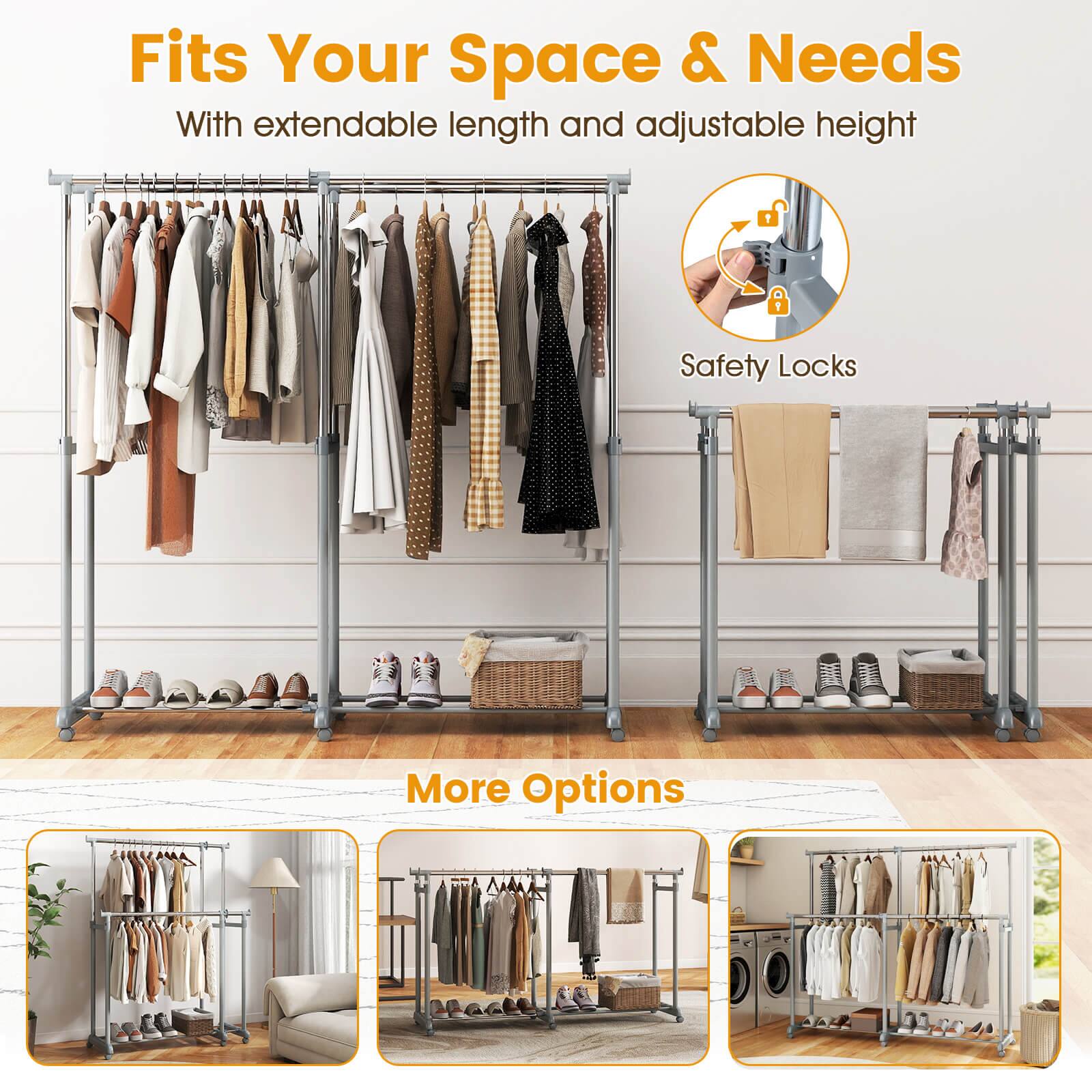 Costway Double Rod Clothes Rack with Extendable Height & Width for ...