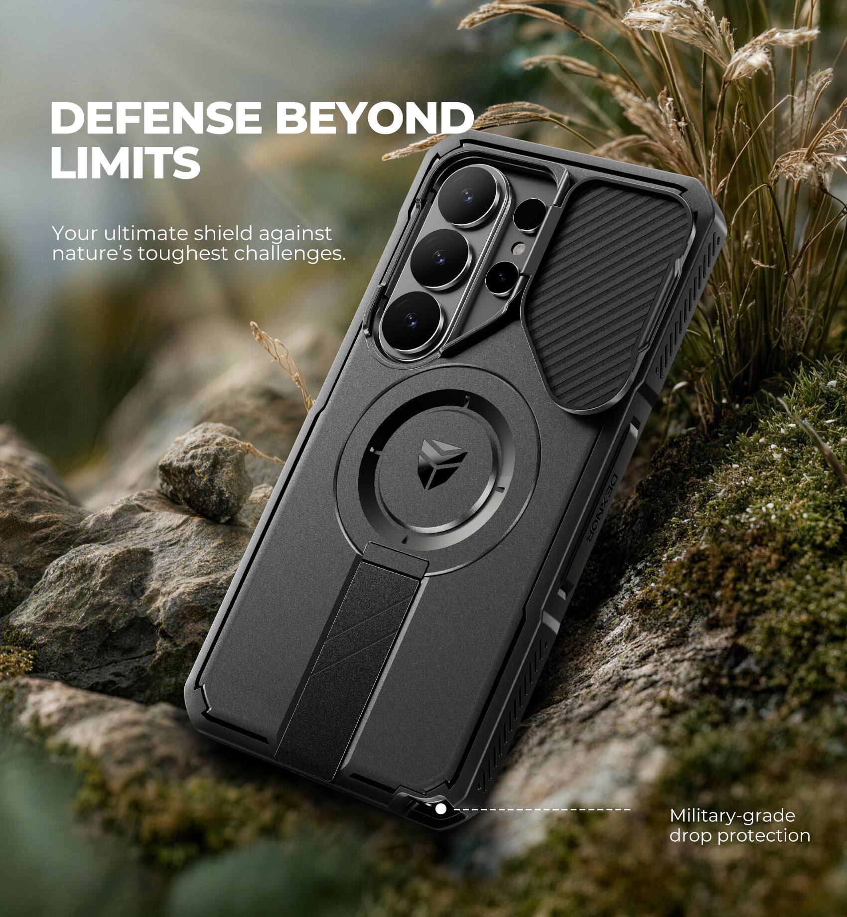DEFENSE BEYOND LIMITS  
Your ultimate shield against nature's toughest challenges.  
2 DEXNOR  
Military-grade drop protection