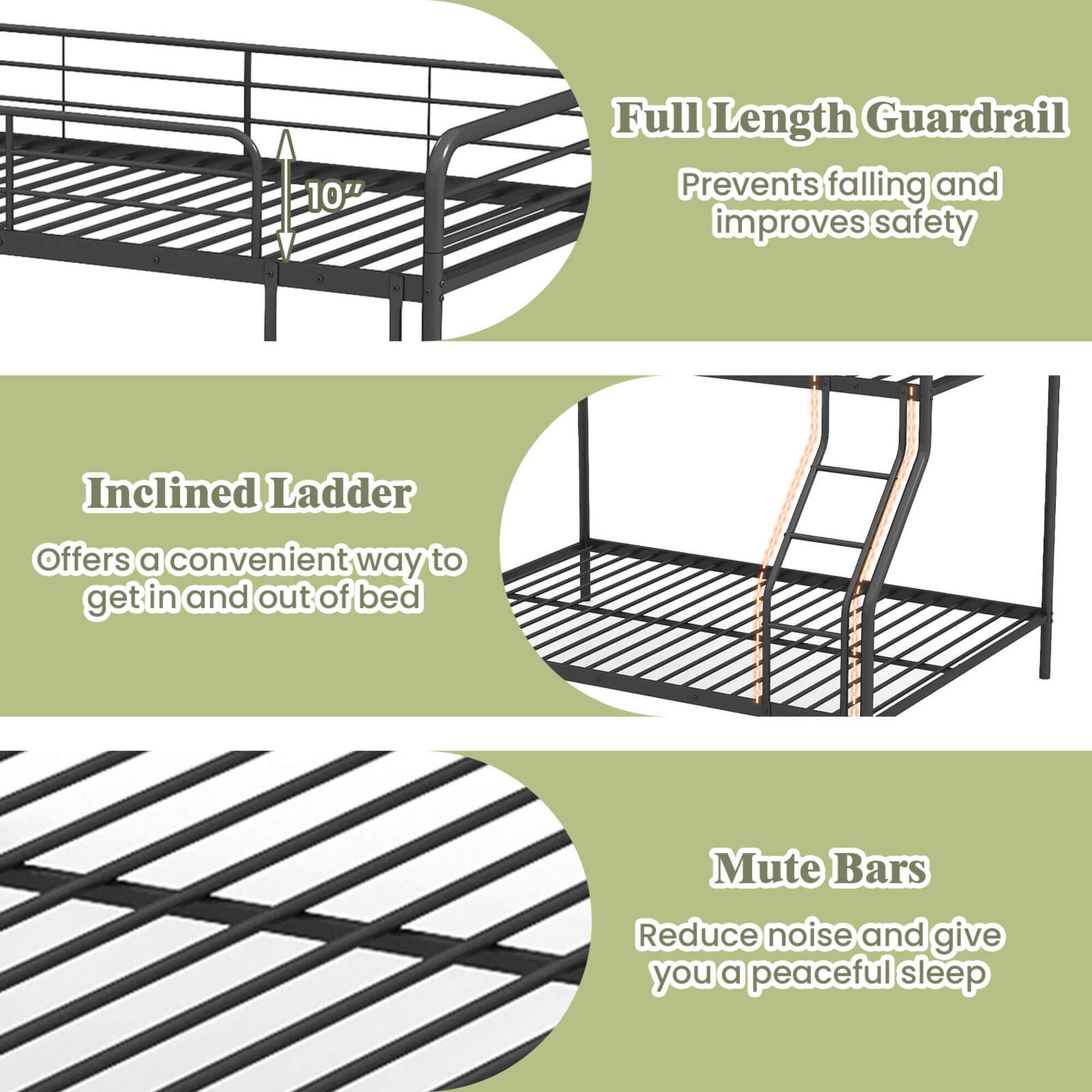 1. Full Length Guardrail: Prevents falling and improves safety.
2. Inclined Ladder: Offers a convenient way to get in and out of bed.
3. Mute Bars: Reduce noise and give you a peaceful sleep.