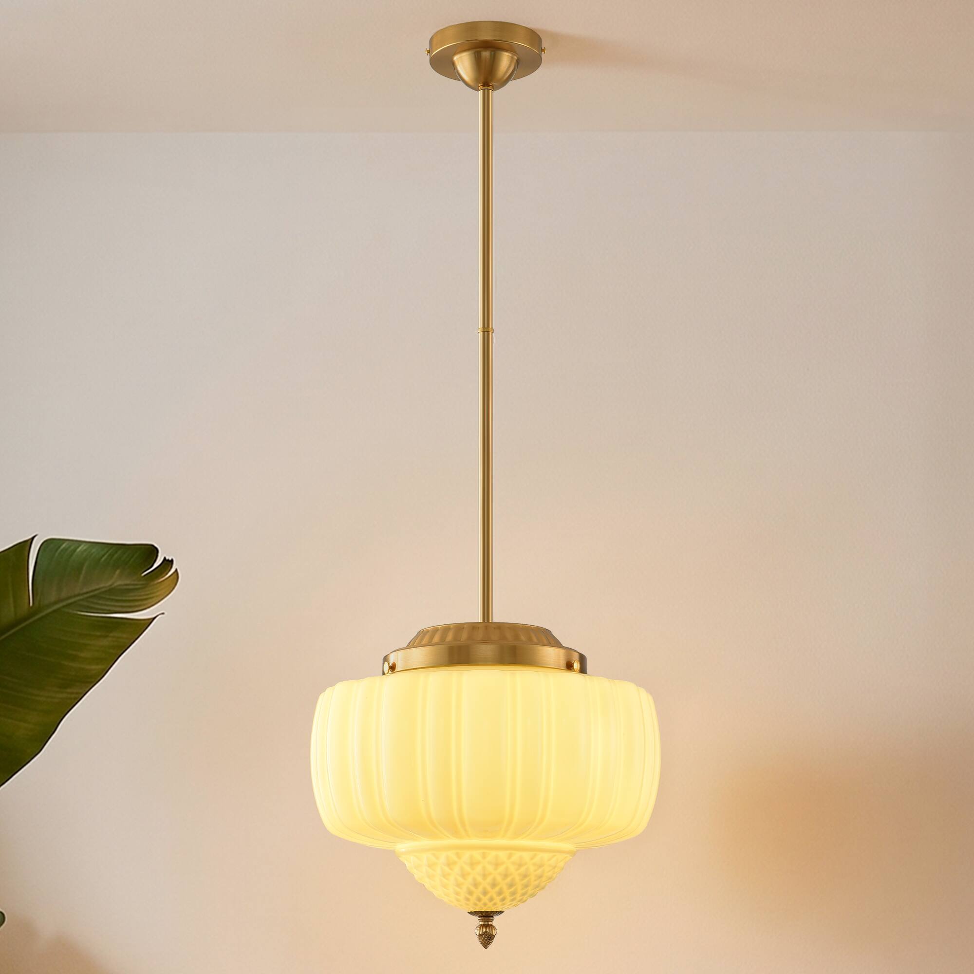 Alt View 1. Parrot Uncle - 13-Inch Vintage White Ribbed Opal Glass 3-Light Schoolhouse Pendant Ceiling Light - Gold.