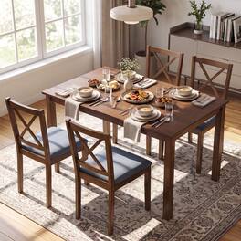 Costway - 5-Piece Dining Set with Rectangular Table & Upholstered Chairs, Space-Saving Design - Brown & Gray