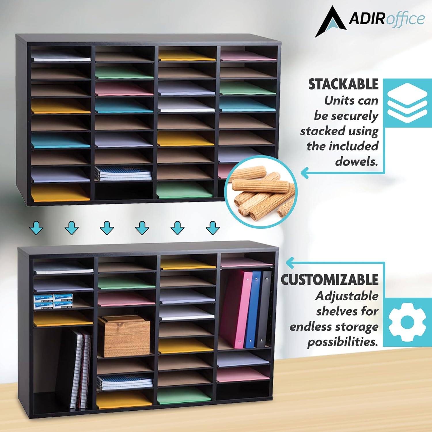 ADIRoffice STACKABLE Units can be securely stacked using the included dowels. CUSTOMIZABLE Adjustable shelves for endless storage possibilities.