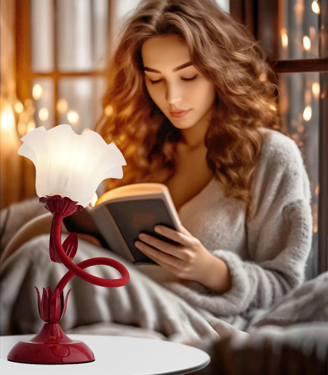 Alt View 4. FINEAK - Flower Table Lamp - 3-Color LED Night Light, Kawaii Decor (Red) - Red.