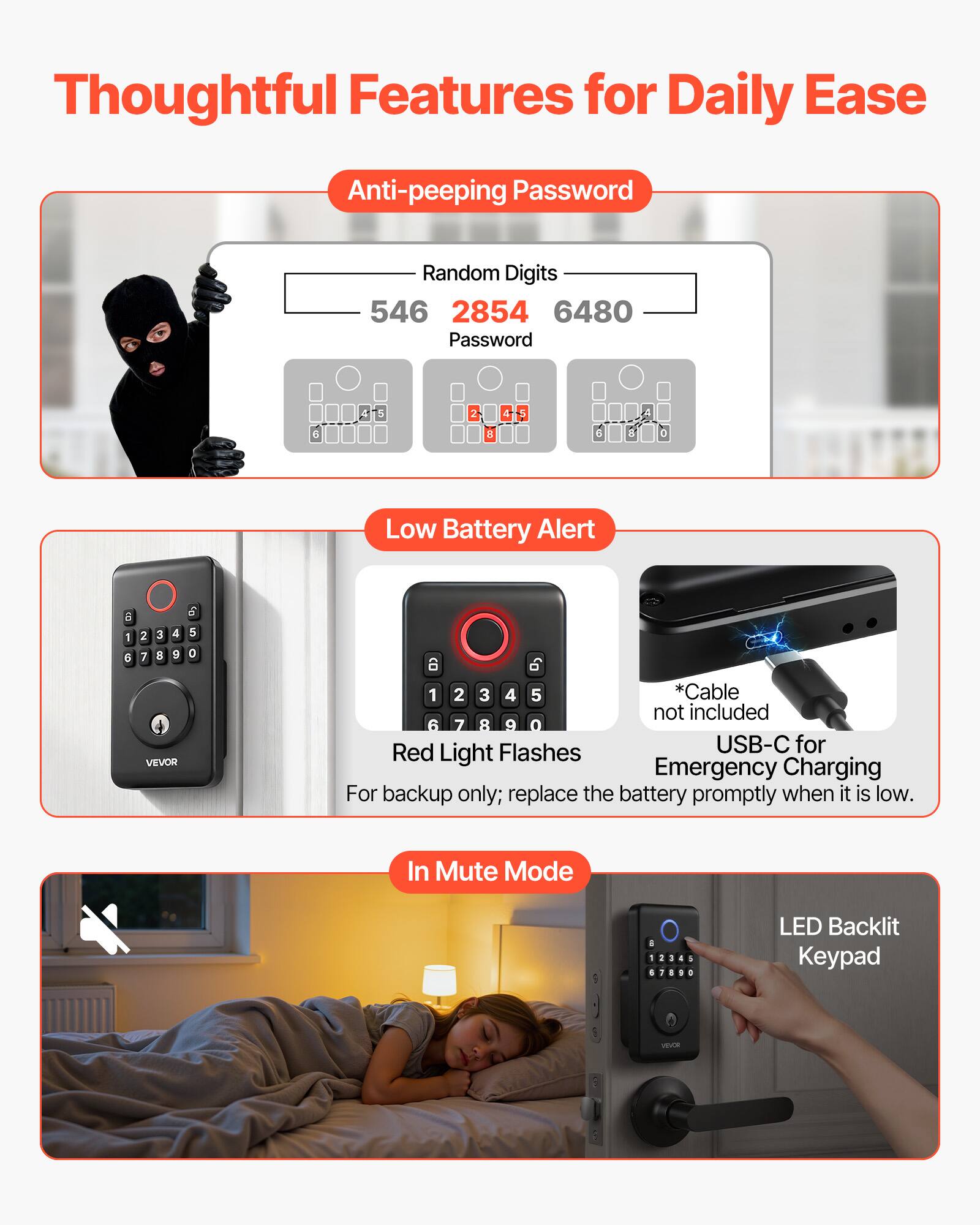Thoughtful Features for Daily Ease

Anti-peeping Password
- Random Digits: 546 2854 6480
- Password: 6 4 5 2 a 4 5 a 5 A 0

Low Battery Alert
- Red Light Flashes
- USB-C for Emergency Charging
  - *Cable not included
  - For backup only; replace the battery promptly when it is low.

In Mute Mode
- LED Backlit Keypad