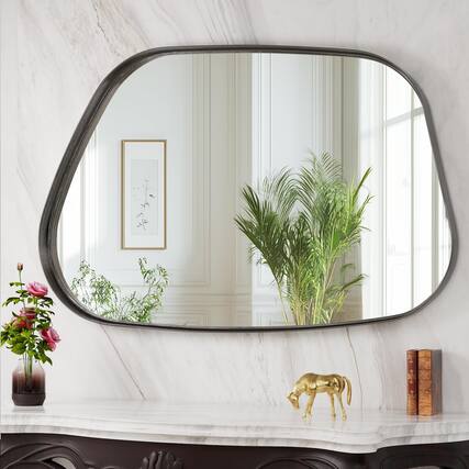 Front. TECH SAFARI - Irregular Wall Mirror Bathroom Mirrors Asymmetrical Artistic Decorative For Living Room Bedroom Hallway Ent - Black 40"L x 26"W Trapezoid Style.
