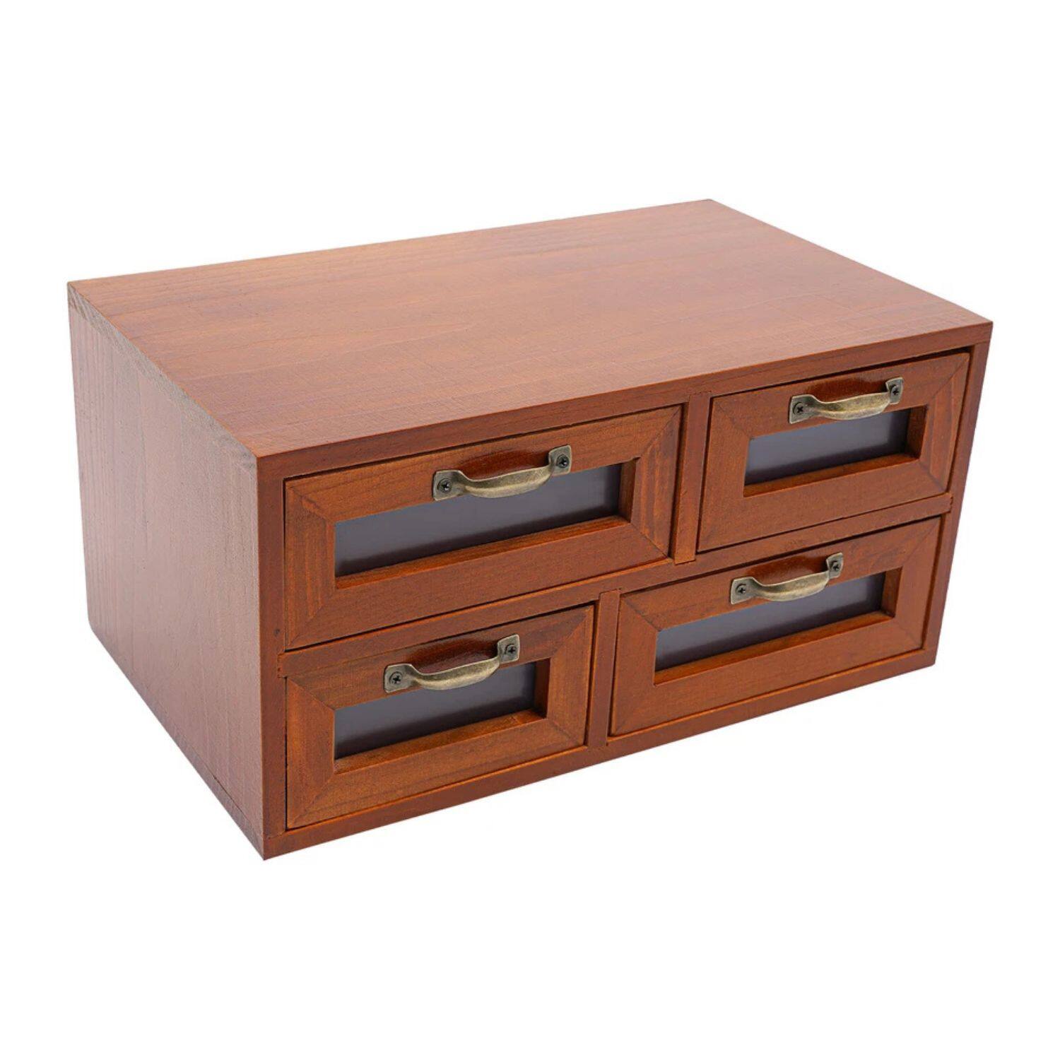 Angle. Home Collection - Vintage Small Wooden Desktop Drawer Organizer – Desk Storage for Office Supplies.