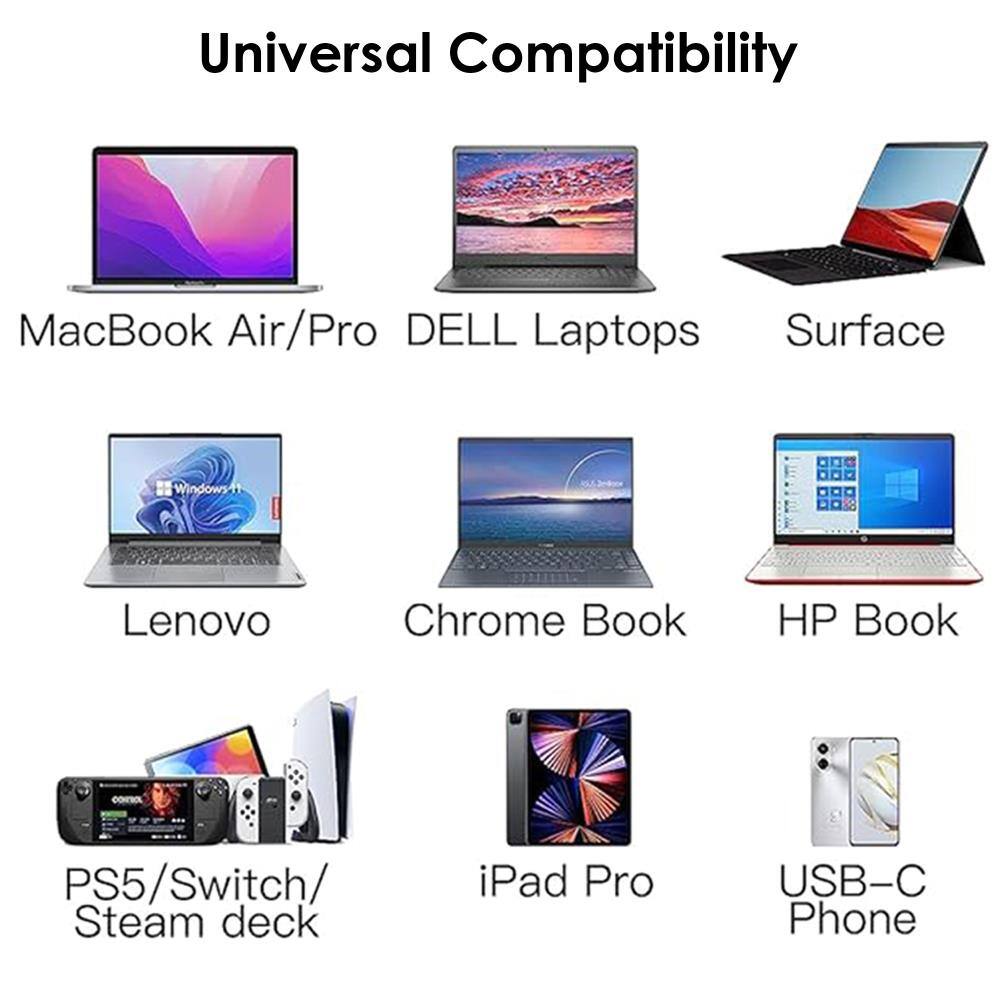Universal Compatibility

MacBook Air/Pro  
DELL Laptops  
Surface  
Windows-11  
Lenovo  
Chrome Book  
HP Book  
PS5/Switch/ Steam deck  
iPad Pro  
USB-C Phone