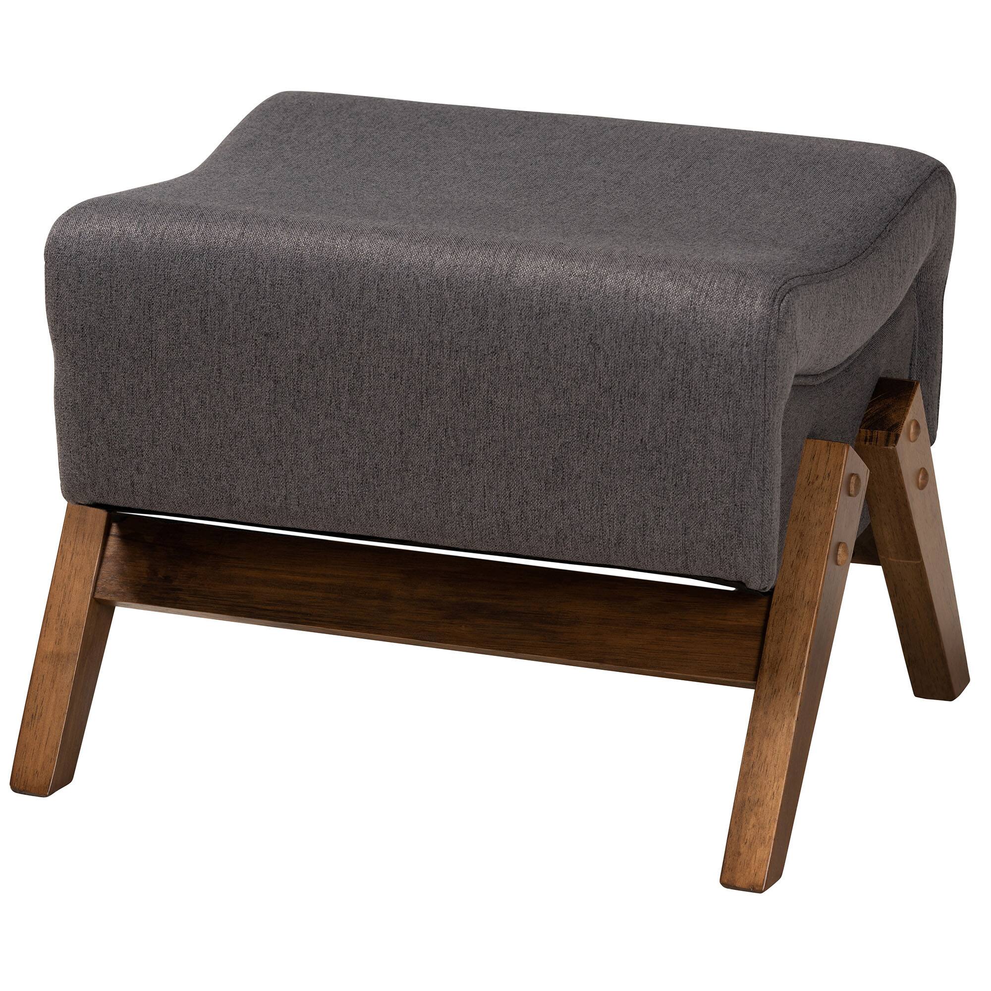 Baxton Studio - Hanson Mid-Century Modern Fabric and Walnut Brown Finished Wood Ottoman - Dark Grey/Walnut Brown