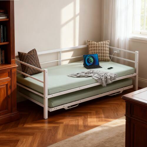 Alt View 2. Winado - Twin Size Metal Daybed with Pop Up Trundle Twin Day Bed Sofa Platform Bed with LED Lights and Charging Station - White.