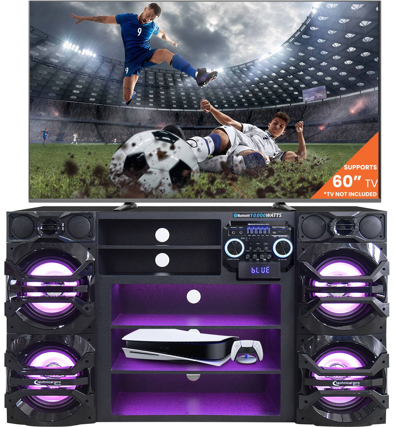 9 9 SUPPORTS 60" TV *TV NOT INCLUDED  
1 Bluetooth  
0000WATTS  
O A b UE  
technical pre  
technical pre