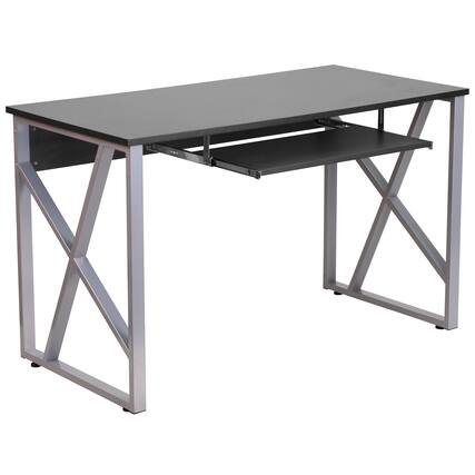 Front. Emma + Oliver - Computer Desk with Pull-Out Keyboard Tray and Cross-Brace Frame - Black.