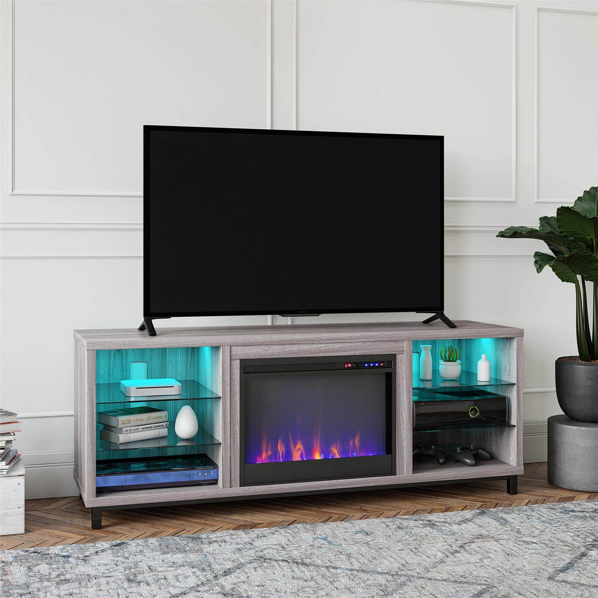 Left. Ameriwood Home - Lumina Deluxe Fireplace TV Stand (70”) - Light Walnut.