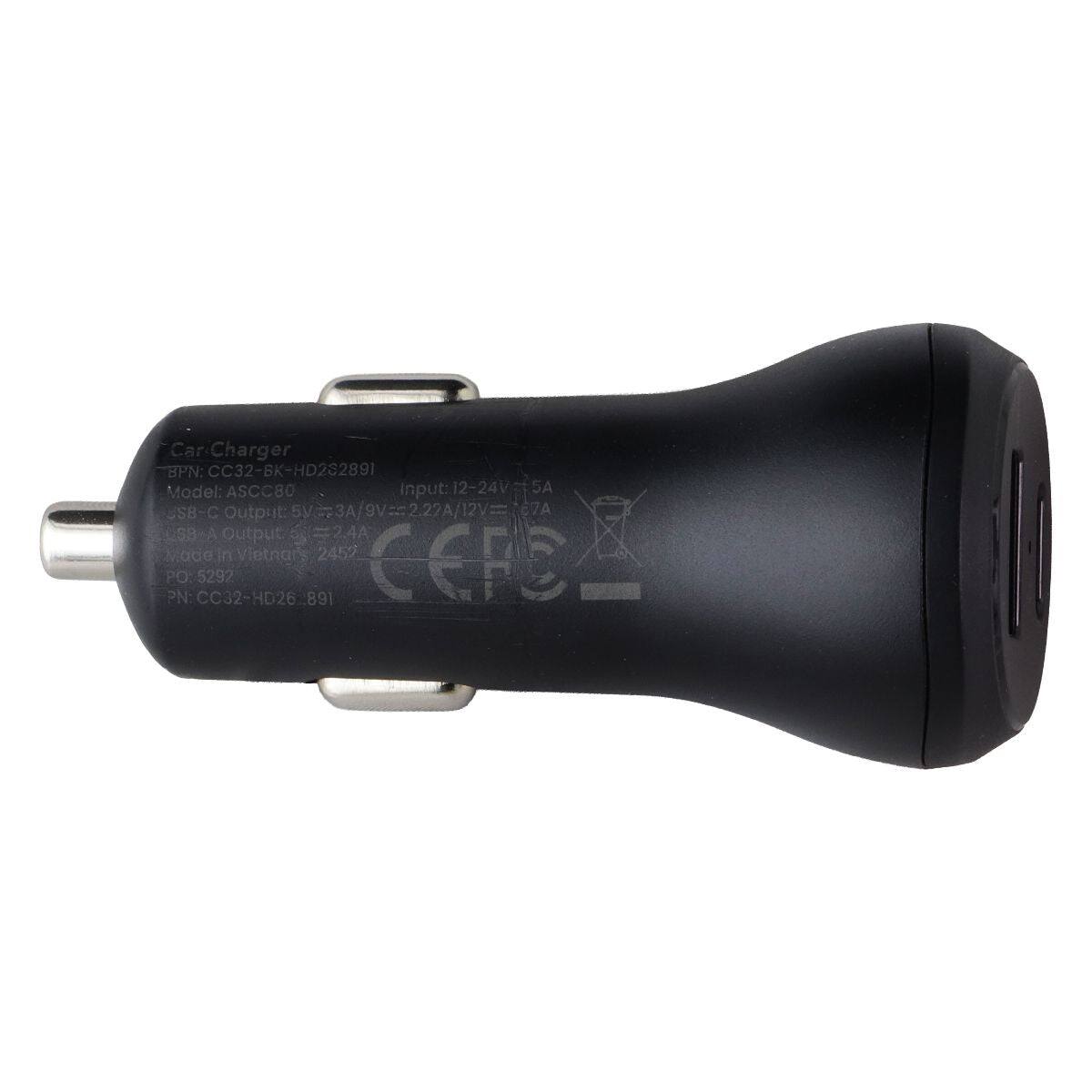 Car Charger  
BPN: CC32-BK-HD282891  
Model: ASCC80  
Input: 12-24V 5A  
Output: 5V=3A/9V=2.22A/12V=2.4A  
Made in Vietnam 2452  
PO: 5292  
PN: CC32-HD26 891  
CE/FCC